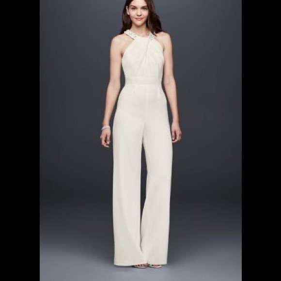 Crepe Wide-Leg Wedding Jumpsuit with Crystal Neckline - Picture 6 of 6